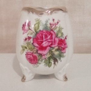 Cracked Egg Planter Pink Roses Gold Tone Rim